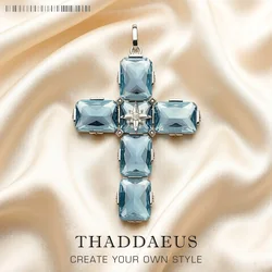 Pendant Cross With Large Aquamarine-Coloured Stones And Star Brand New Fine Jewelry Europe 925 Sterling Silver Gift For Woman