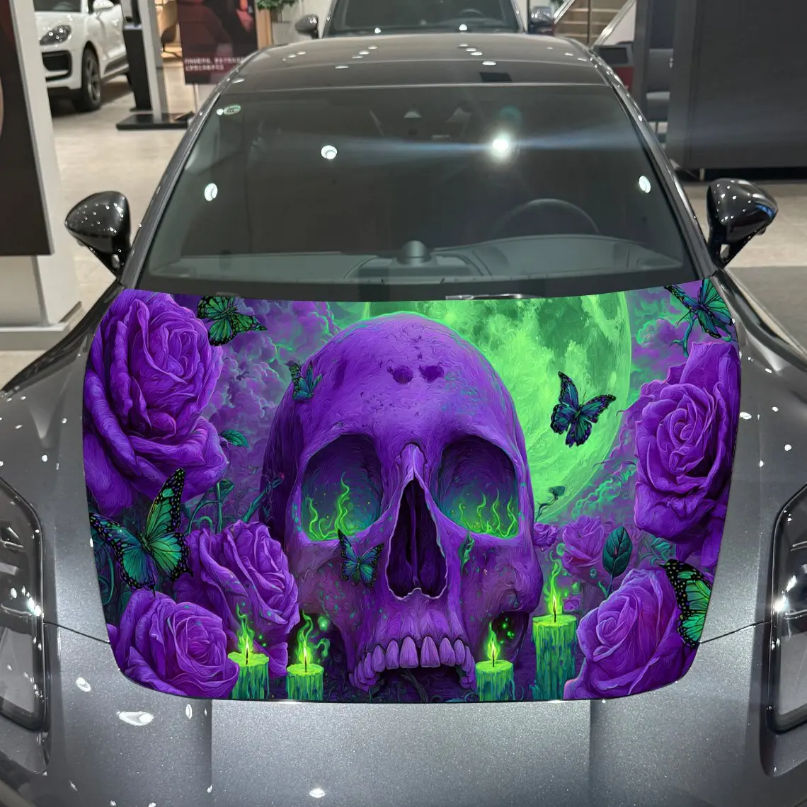 

Purple Skull Rose Gothic Dark PVC Car Hood Wraps, Self-Adhesive Waterproof Car Bonnet Decal Sticker, Car Decoration Protection S
