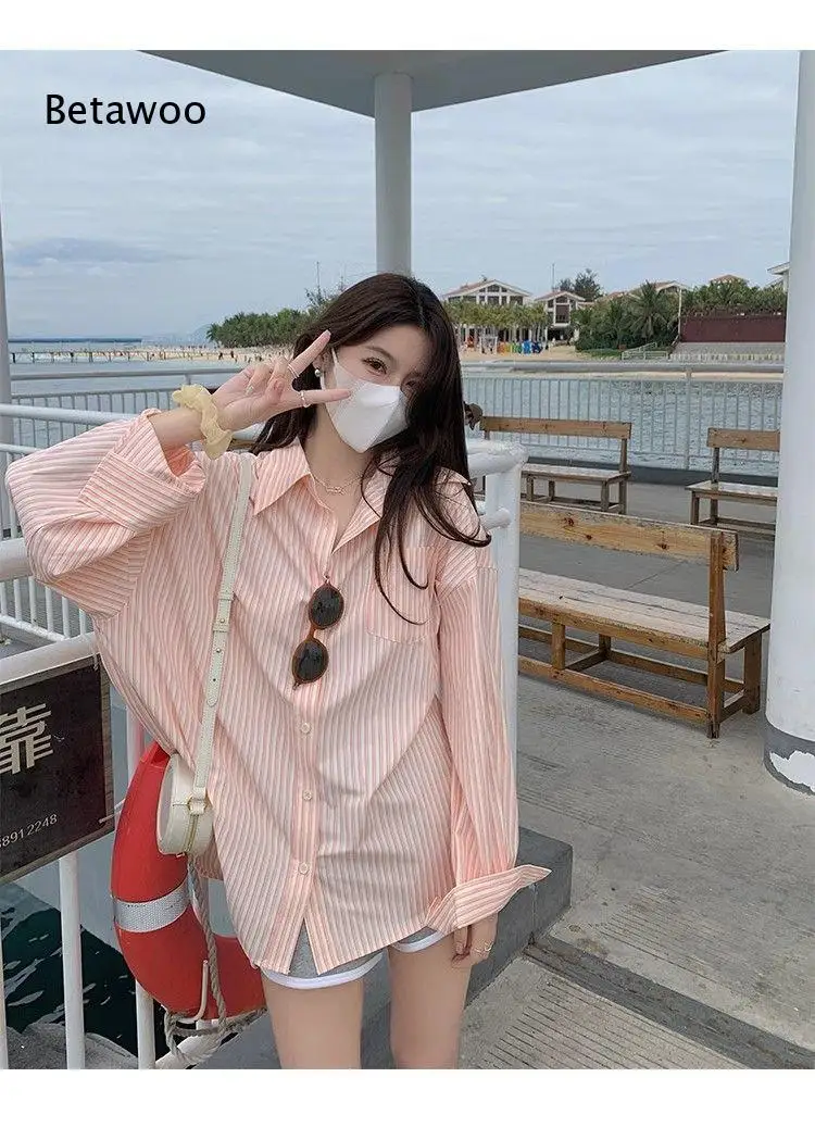 Lounge Loose Casual Shirt Women Mint Green Vertical Stripe Lapel Collar Long Sleeve Single Chest Pocket Side Split Blouse
