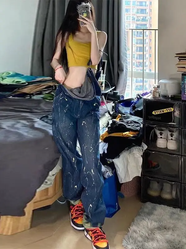 안티에이징 스플레이드 데님 오버롤 여성용 봄 가을 신상품 대형 사이즈 슬림핏 원피스 바지