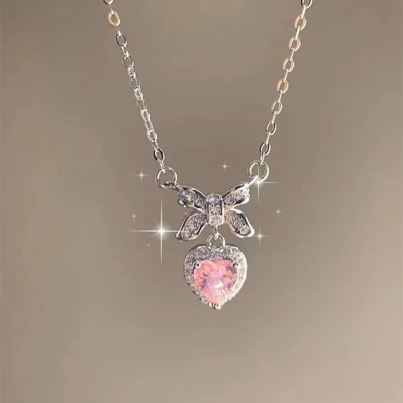 Collar con colgante de corazón de circón para mujer, cadena elegante de clavícula, corazón rosa, Y2K, 2023