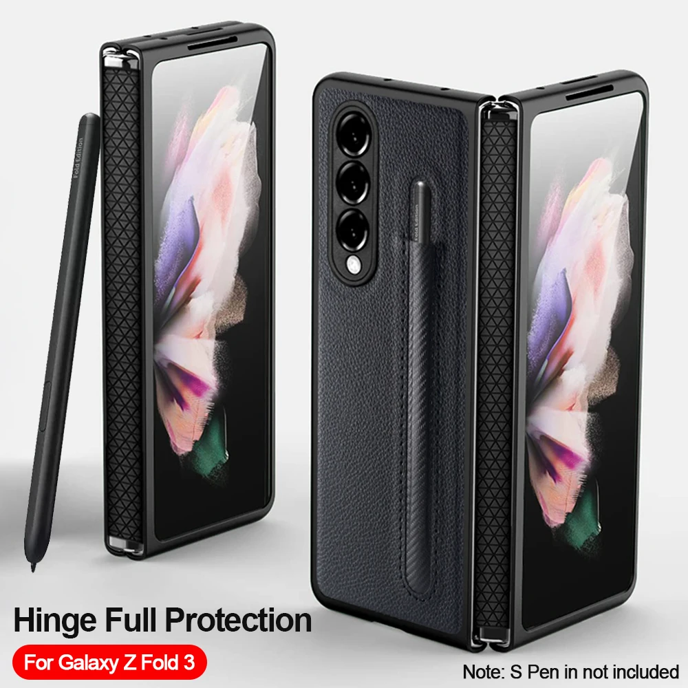 

Hinge Leather Foldable Case For Samsung Galaxy Z Fold 3 Fold 4 5 Full Protection with S Pen Slot Phone Cover for Fold4 Fold3 New