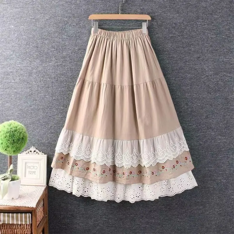 Japanese Mori Girl Sweet Vintage Embroidery Lace Splicing Cake Skirt High Waist Casual A-Line Boho Aesthetic Women Long Skirts