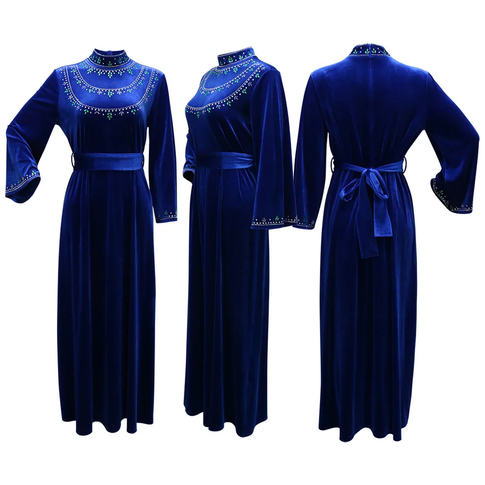 UNI Eid Ramadan Moslim Vrouwen Jurken Fluwelen Diamant Abaya Feestjurk Riem Marokko Kaftan Vestidos Dubai Turkije Gewaad Jalabiya