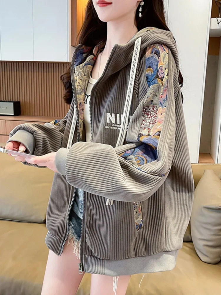 

Chinese Retro Baseball Uniform Coat Embroidery Pattern Waves Auspicious Clouds Fashion Letters Drawstring Hooded Hoodie Jacket