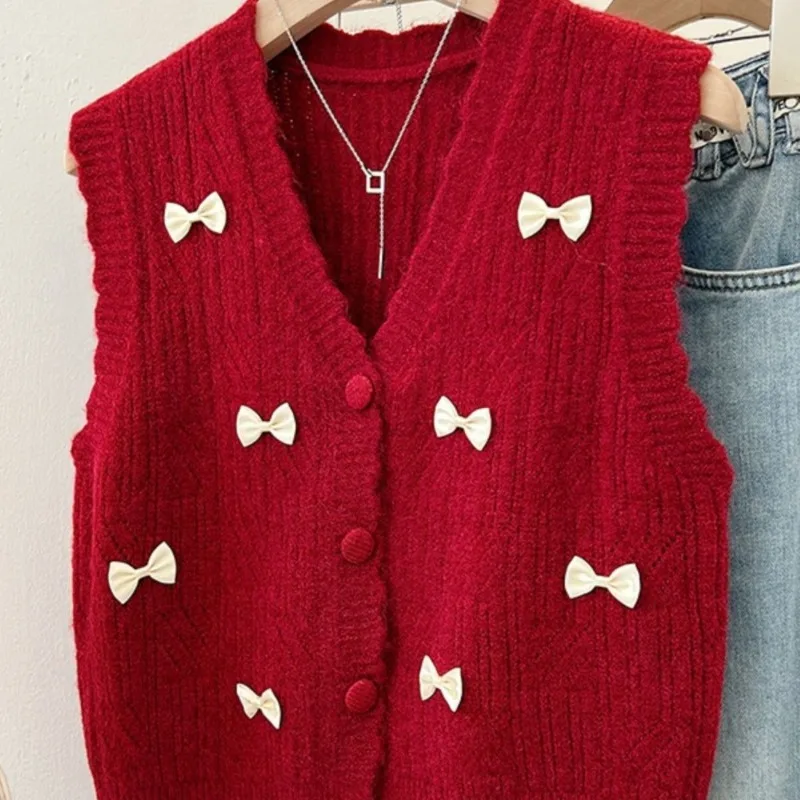 

Women's Spring Autumn Tops Knitwear Waistcoats Knitted Sweaters V-neck Cute Bow Plus Size Waistcoats Loose Fit New Minimalist