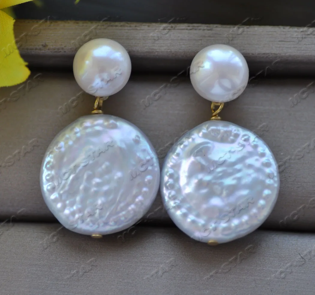 

MTC·STAR Z11953 20mm White Coin Freshwater Round Pearl Dangle Earring