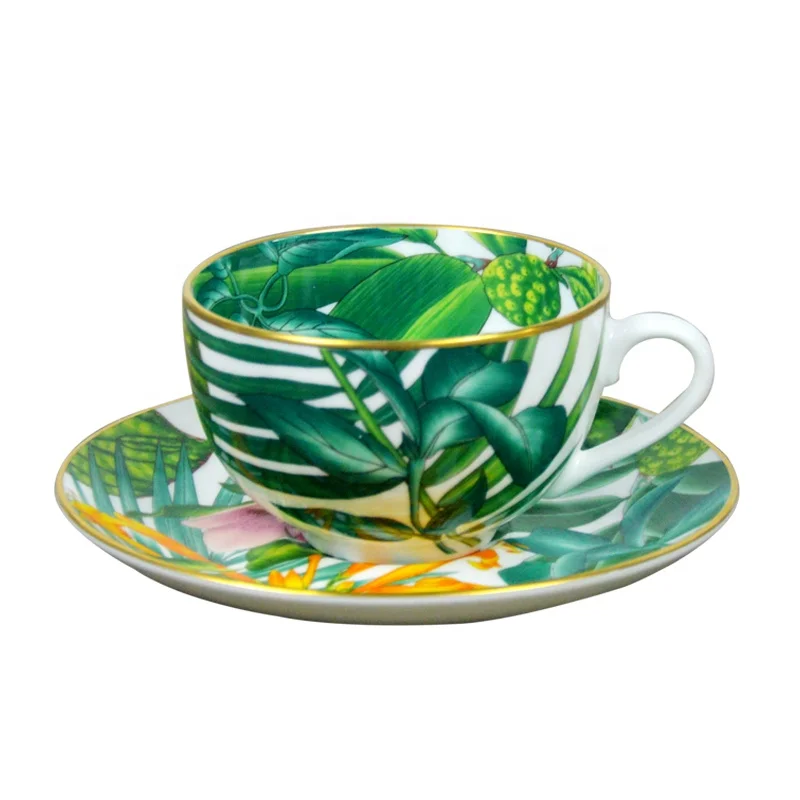Ceramic green espresso cup and saucer flower teacup ceramic cup with cutlery set