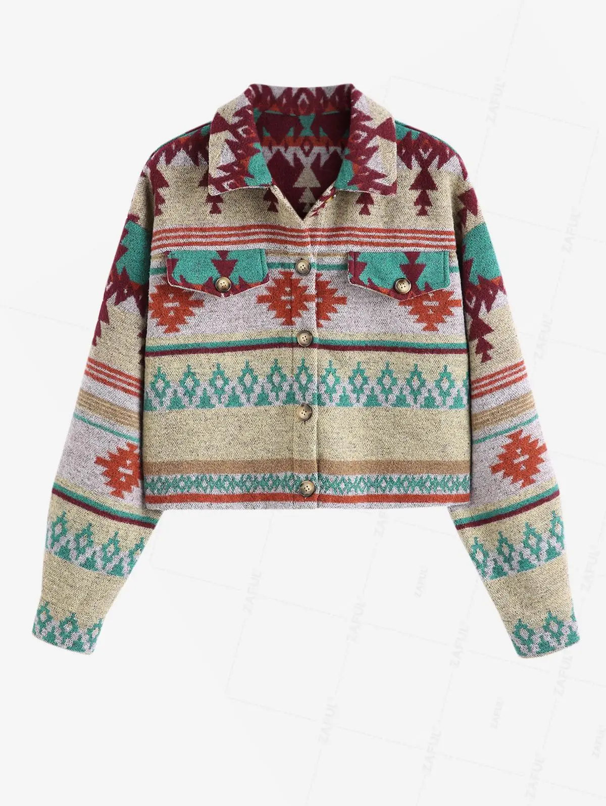 

ZAFUL женская короткая куртка из смеси шерсти на пуговицах в этническом стиле с длинными рукавами и принтом ацтекского геоэта в этническом стиле