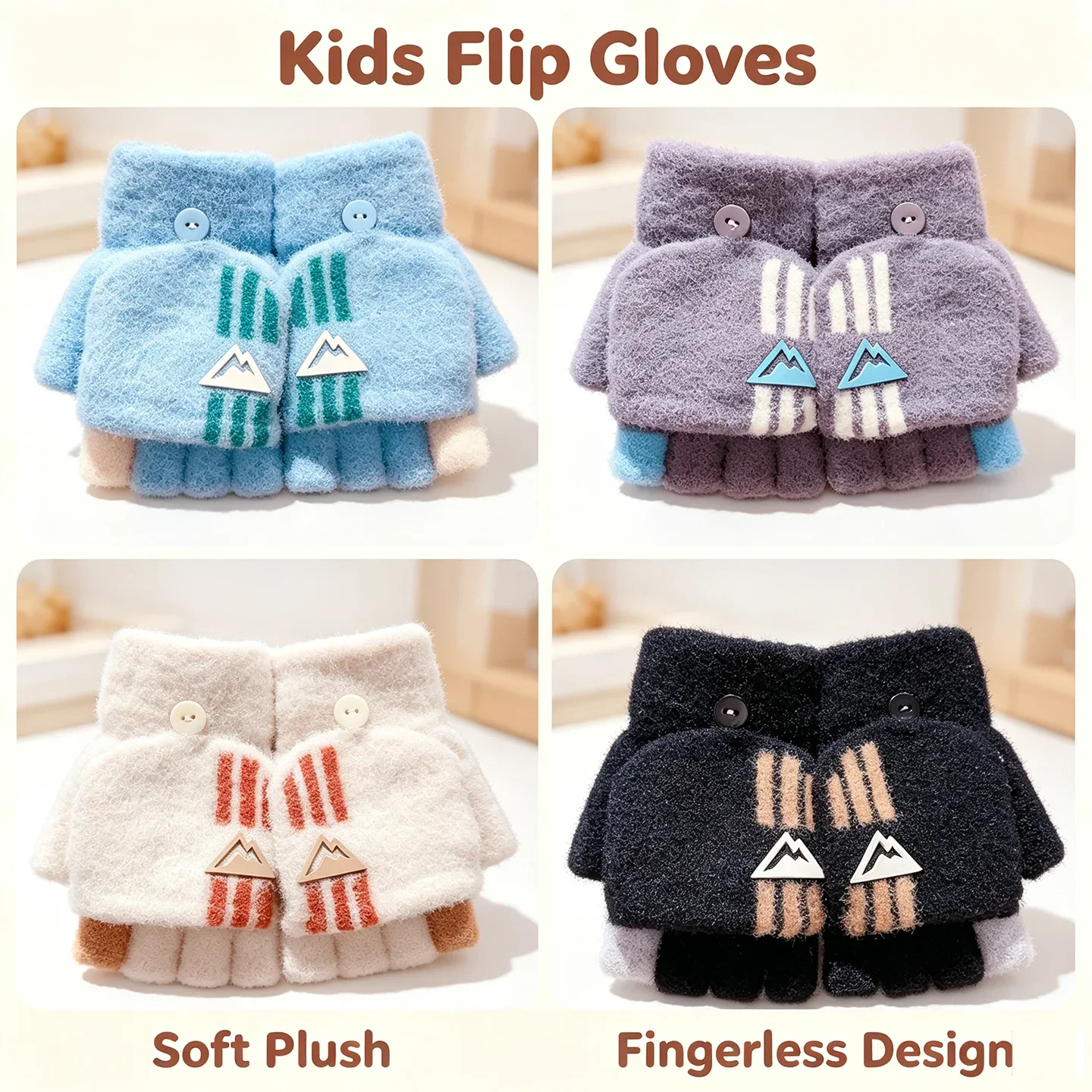 Kids 2-in-1 Flip Cover Winter Gloves Soft Faux Mink Plush Knitted Mittens Star Stripe Print Half Full Finger Gloves for Boy Girl