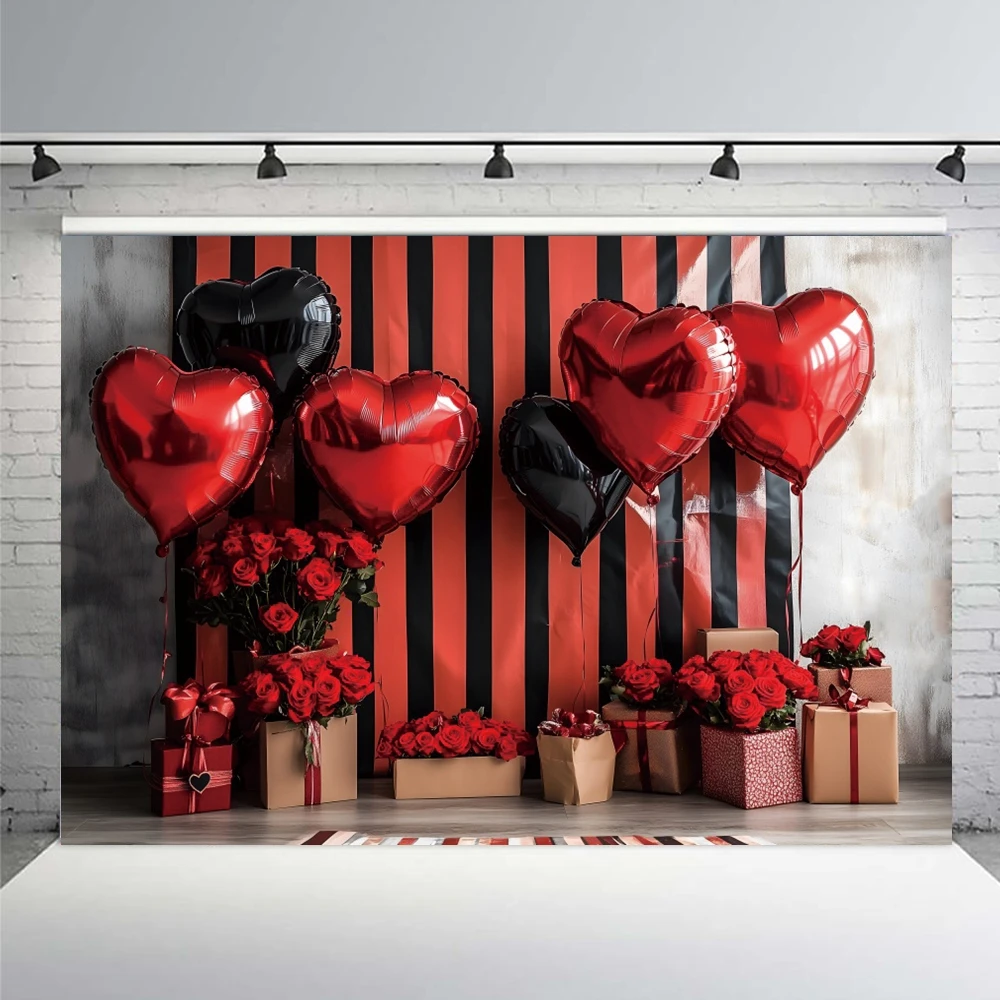 Valentine's Day Photography Background February 14th Striped Wall Love Balloons Red Roses Bride Wedding Lovers Portrait Backdrop