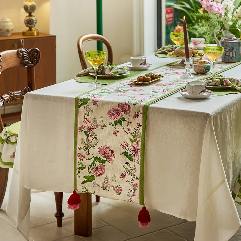 Retro Peony Table Runner Chinese Classical Diningtable Tablecloth Elegant Chenille Side Cabinet Coffeetable Cover Cloth Tea Flag