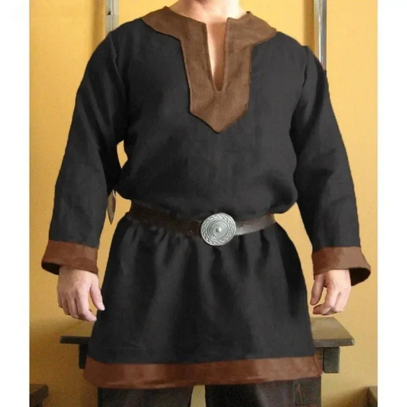 Camicia da uomo di Halloween Vichinghi medievali Costume cosplay da pirata Manica lunga Abito ampio Tunica celtica Guerriero Cavaliere Top Camicetta sassone