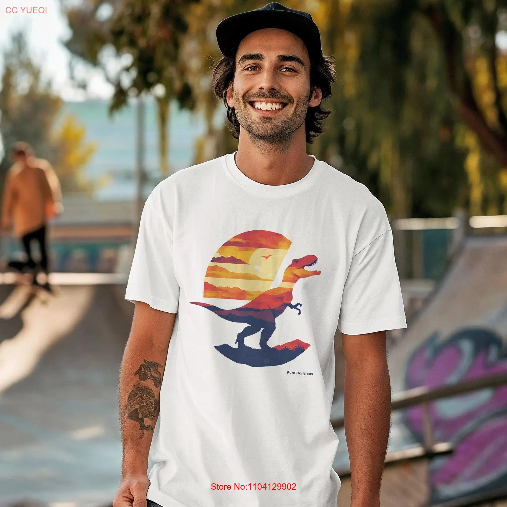 

Dinosaur Sunset Stroll T Shirt Prehistoric Horizon Pure Horizons Novelty Top Dino Silhouette long or short sleeves