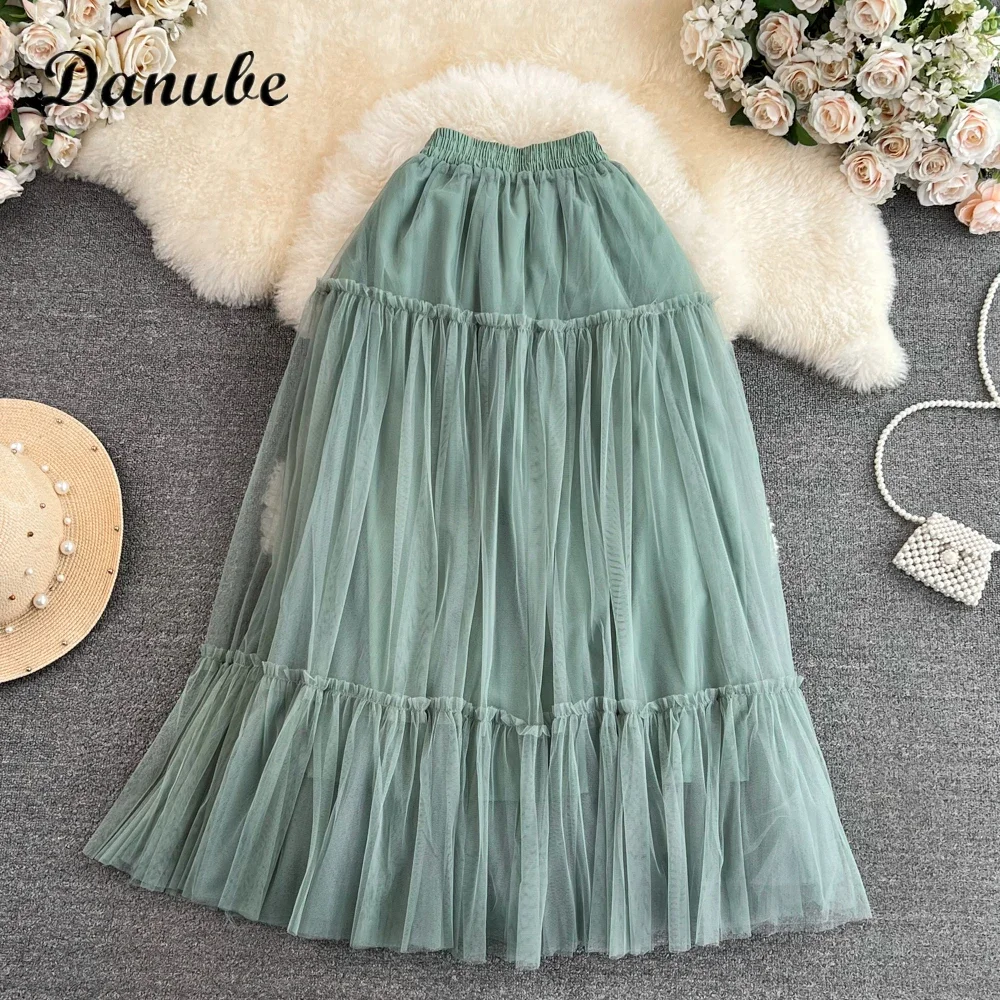 Vintage Tutu Tulle Pleated Long Skirt Women Spring Summer Elegant Design Luxury High Waist Mesh A-line Party Skirt Faldas Saias