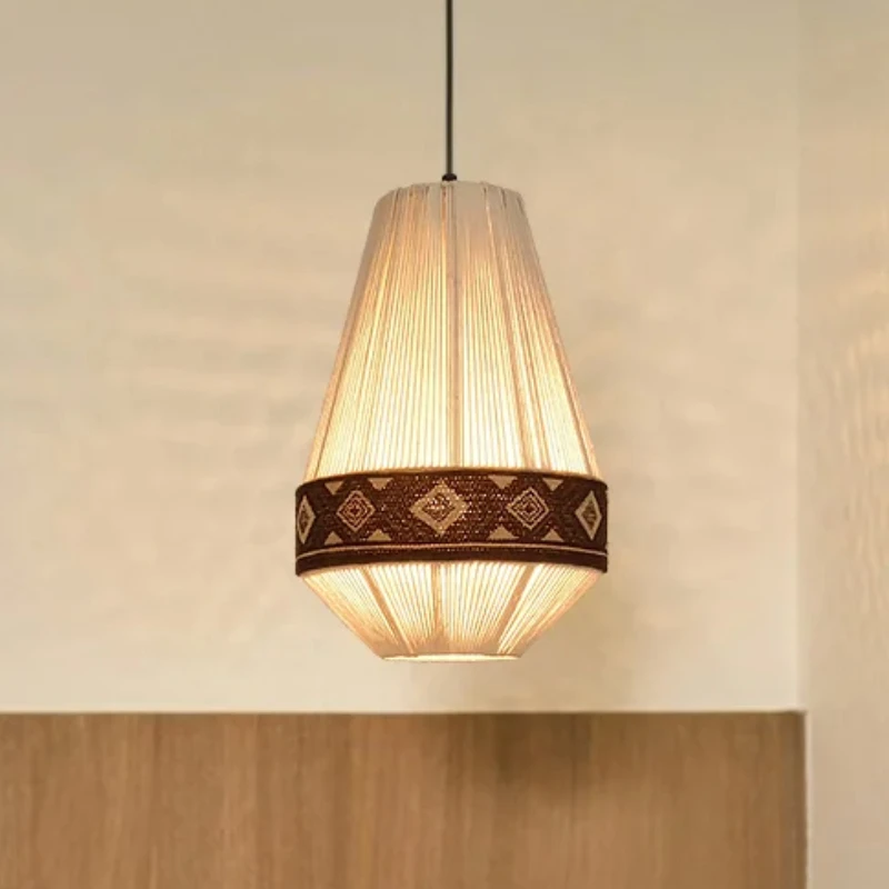 Bohemian Retro Style Chandelier Woven Cotton Linen Rope Pendant Lamp Hallway Foyer Homestay Bedroom Bedside Indoor Decor