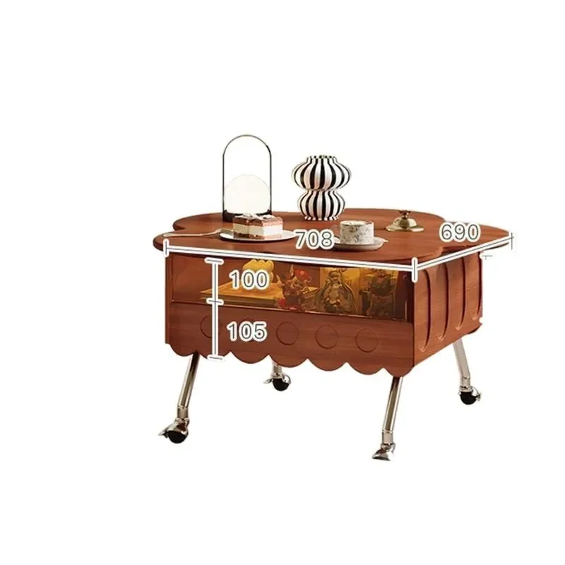 Medieval solid wood lifting petal coffee table household living room movable side table small apartment multi-functional