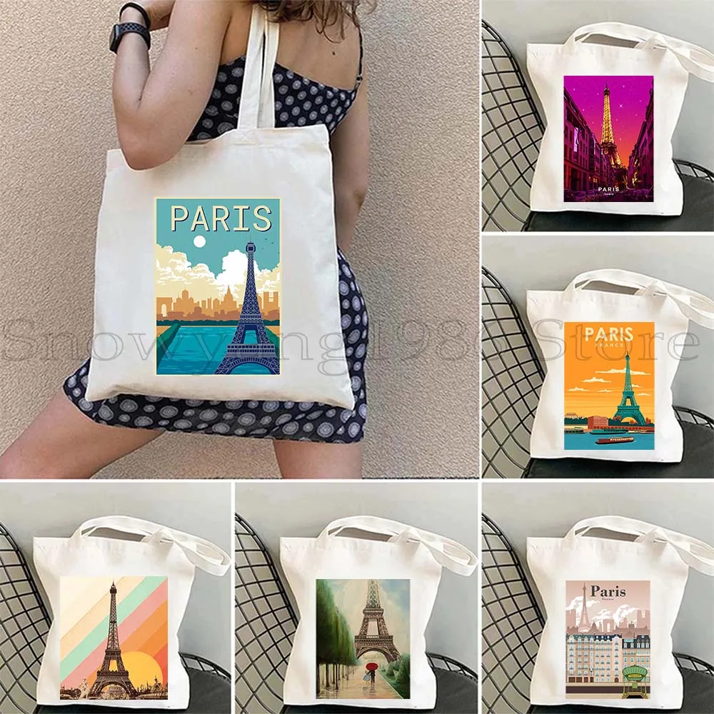 Rainbow Paris France Eiffel Tower Seine Vintage Travel Poster Landmark Cute Gifts Canvas Shoulder Tote Bag Harajuku Eco Handbag