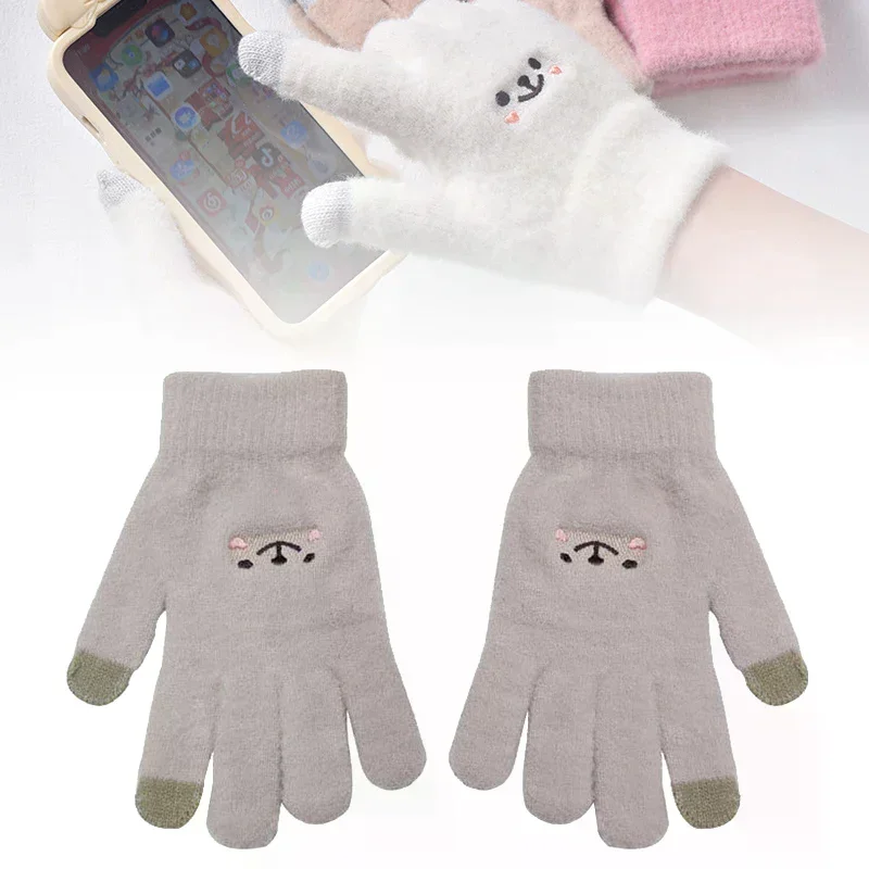 

Kawaii Knitted Gloves Cute Cartoon Embroidered Bear Touchscreen Glove for Women Autumn Winter Warm Shopping Knit Soft Gloves