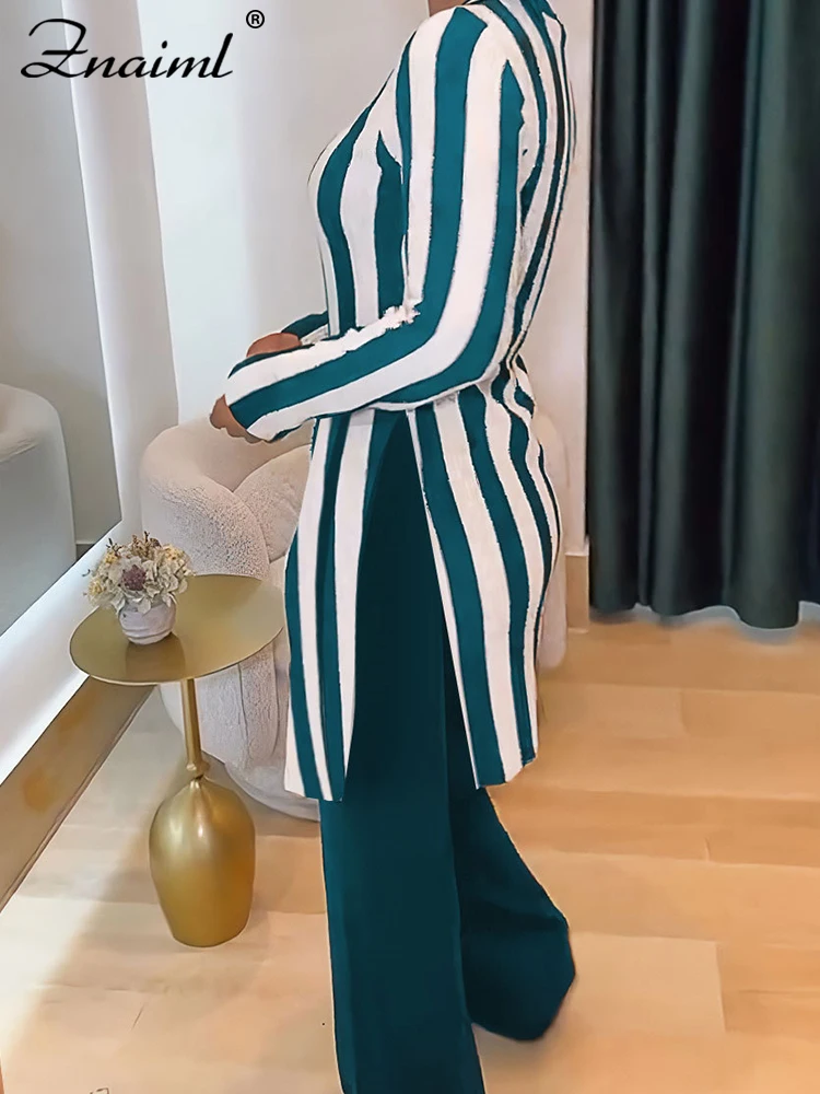 Znaiml Elegant Stripe Print Knitted Long Sleeve Split Side T-shirt Tops and Straight Pants Two 2 Piece Sets Women Work OL Outfit