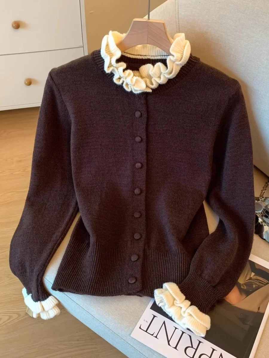 

American Sle Retro Lace Trim Sweater Women's Faion Color Blo Sweet And Sal Autumn Winter Open Cardigan Top