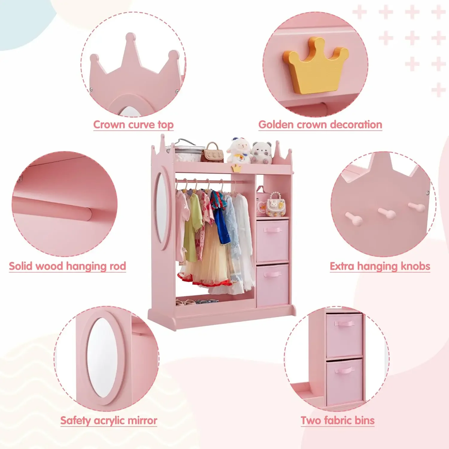 Kids Dress up Storage with Mirror, 2 Storage Bins & Cloth Hanger, Kids Play Armoire Dresser Pretend Storage Closet for Bedroom,