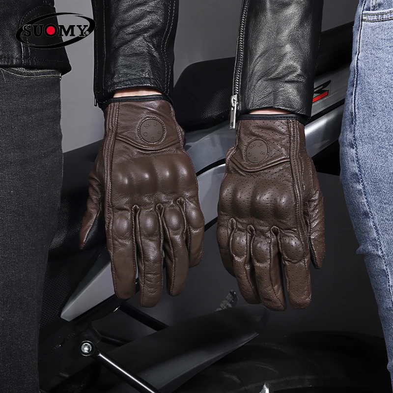 Suomy Series Vintage Motorcycles Goat Leather Gloves For Man Womans Lambskin Full Finger Touchscreen Motorbike Motocross Rider