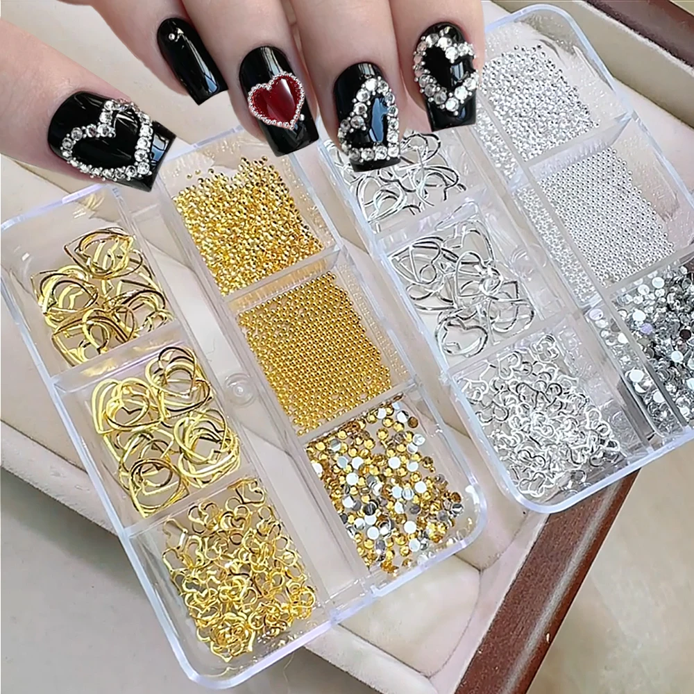 6Grids Metallic Heart Rivet Steel Balls Nail Accessories 3D Valentine's Day Gold Silver Love Nail Studs Rhinestones Mix Nail Dec