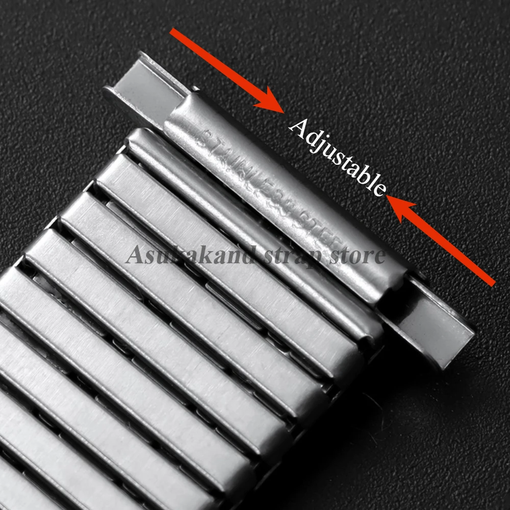 جديد الفولاذ المقاوم للصدأ مطاطا حزام (استيك) ساعة الفضة العالمي 10-14 مللي متر 16-23 مللي متر النساء الرجال المعادن التوسع حزام ساعة اليد قابل للتعديل الفرقة