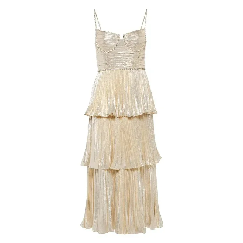 

Luxury Crystal Evening Dress for Women, Summer Ruffle Strap Long Prom Party Gown with Diamond Decor