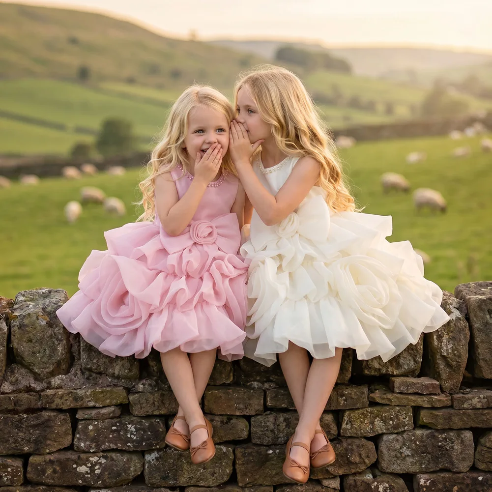 Girls Birthday Tutu Dress Sleeveless Pearl Beaded Big 3D Rose Bow Layer Ruffle Organza Cake Skirt Kids Performance Pageant Gown