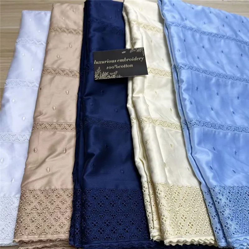 

5 Yards Nigerian 100% Cotton Polish Satin Embroidery Fabric High Quality Swiss Voile Lace Material For Men Dubai Style 10L163001