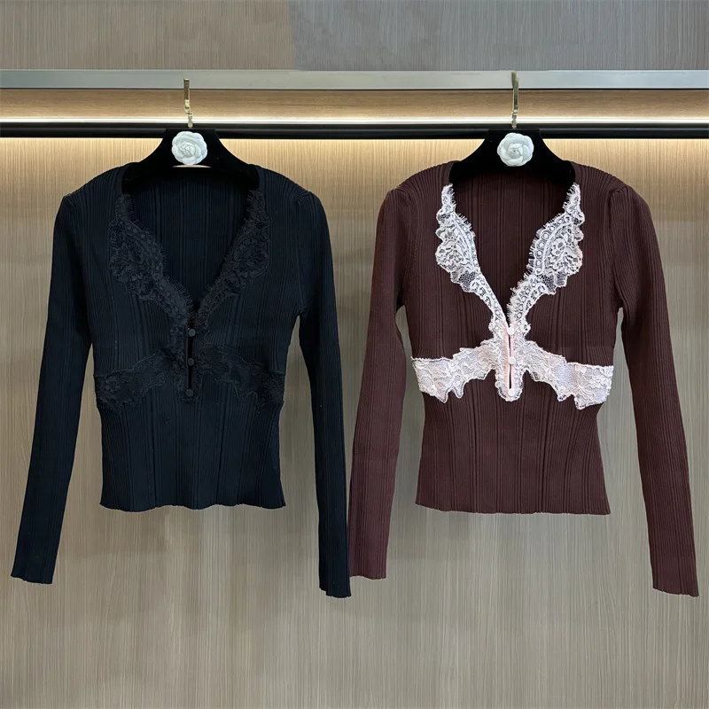 

Женский кардиган: Новая эластичная вязаная кофта с длинным рукавом, облегающий крой, весна 2026, с кружевными вставками, V-образный вырез, в стиле Y2K