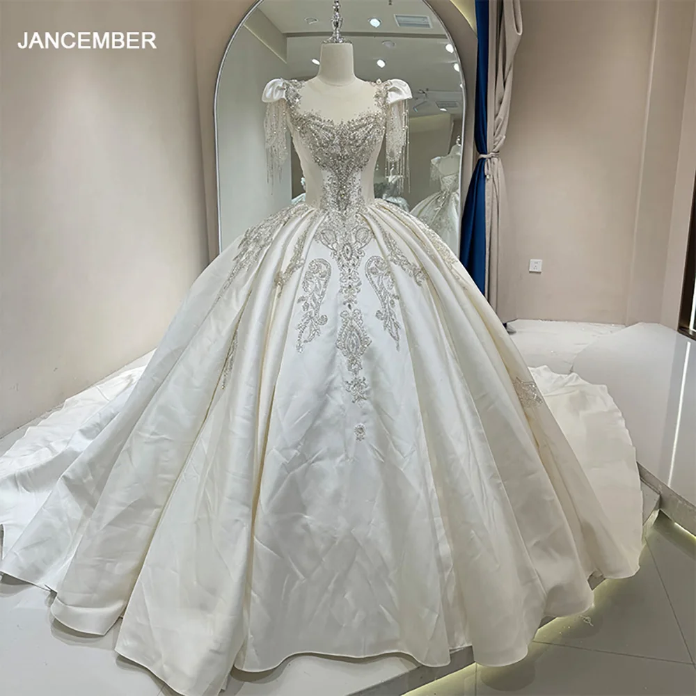 

Luxury Wedding Dress Satin O-Neck Short Sleeves Bride Customized Ball Gown Tassel vestidos de novia boda Court Train