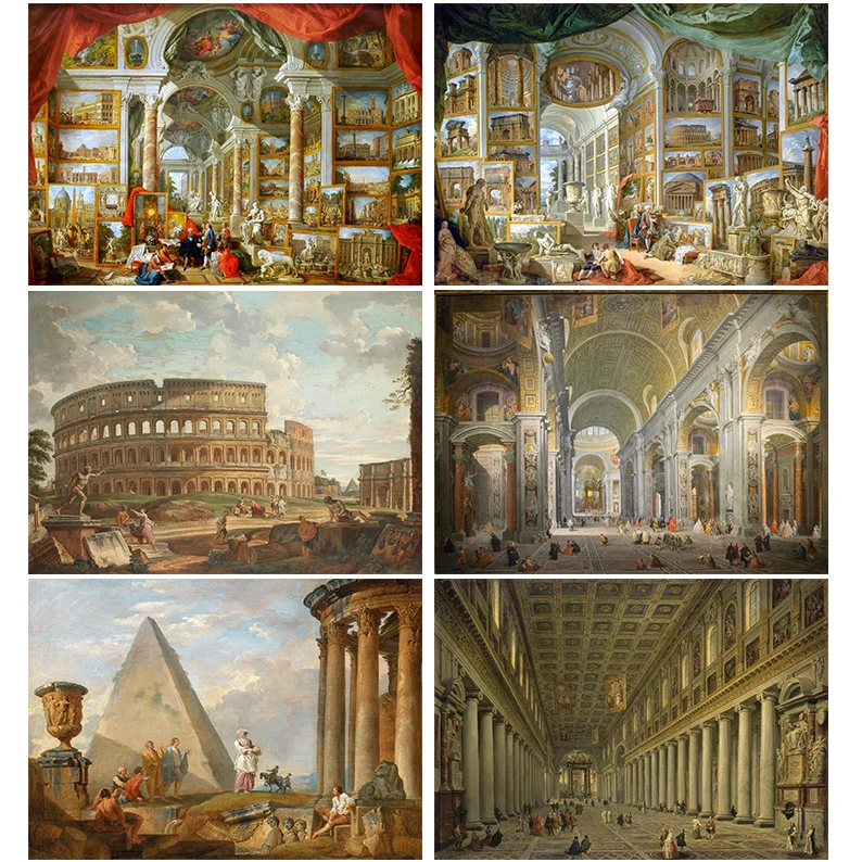 Ancient Rome Pantheon Oil Painting by Giovanni Paolo Panini Roman Colosseum Poster And Prints Wall Art Pictures Home Decor