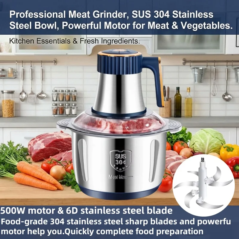 Electric Meat Grinder 5L Food Crusher 304 Stainless Steel Multi-Functional Food Processors for Kitchen Meat Vegetables Blenders
