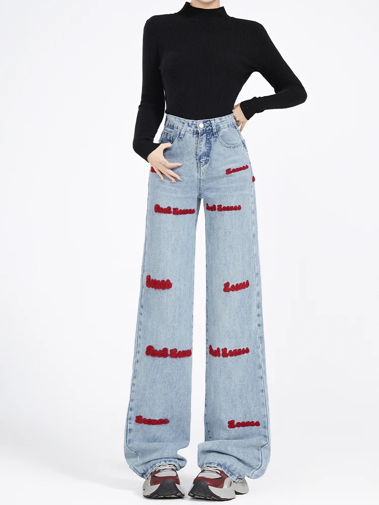 

Retro American High Waist Embroidered Denim Pants Women's Loose Slim Straight Leg Wide Leg Long Trousers Early Autumn New Sle