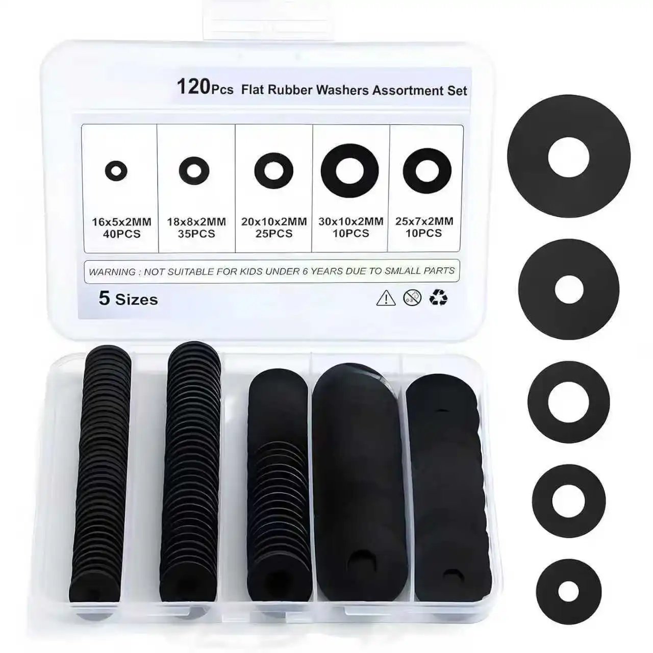 120Pcs Black Nylon Plastic Flat Washers Insulation Gasket Hardware Assortment Kit Box