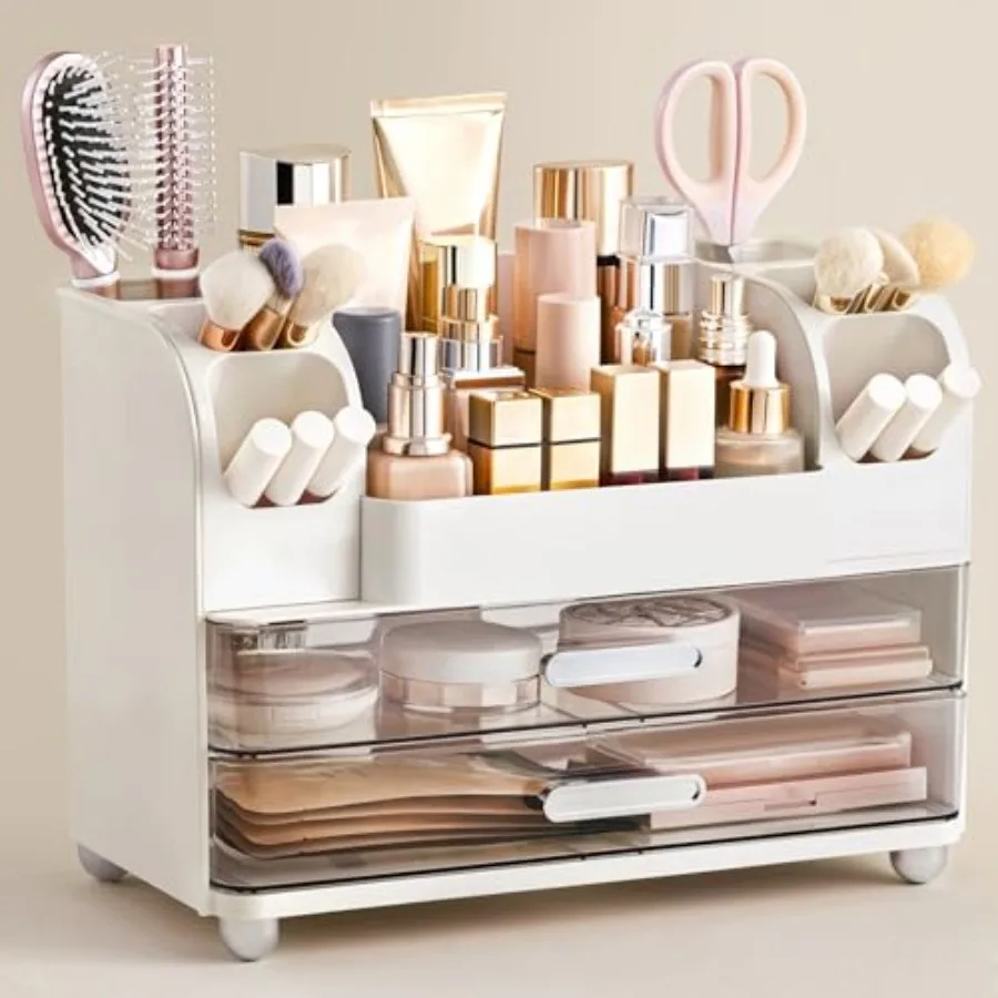 Makeup Organizer for Vanity with Brush Holder Large Bathroom Countertop Cosmetic Organizer Skin Care Storage Easy to Store Lips