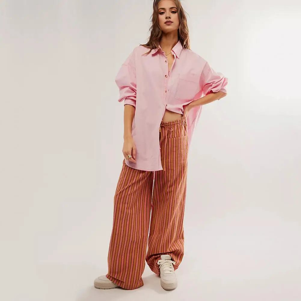 

Women Wide-leg Pants Elegant Waist Details Trousers Vertical Striped Wide Leg Pants with Drawstring Pockets for Women