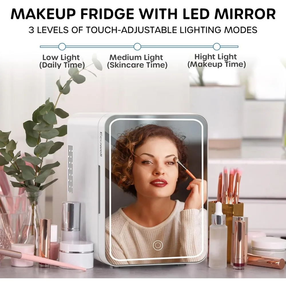 Mini Fridge for Bedroom, Skincare Fridge,  4L, with LED Mirror for Makeup, for Office Dorm Car, Cooler & Warmer, AC & DC