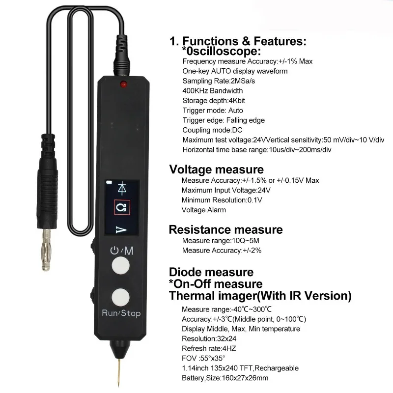 5-In-1, high-precision oscilloscope, thermal imager, resistor, diode, voltage detection pen view 3