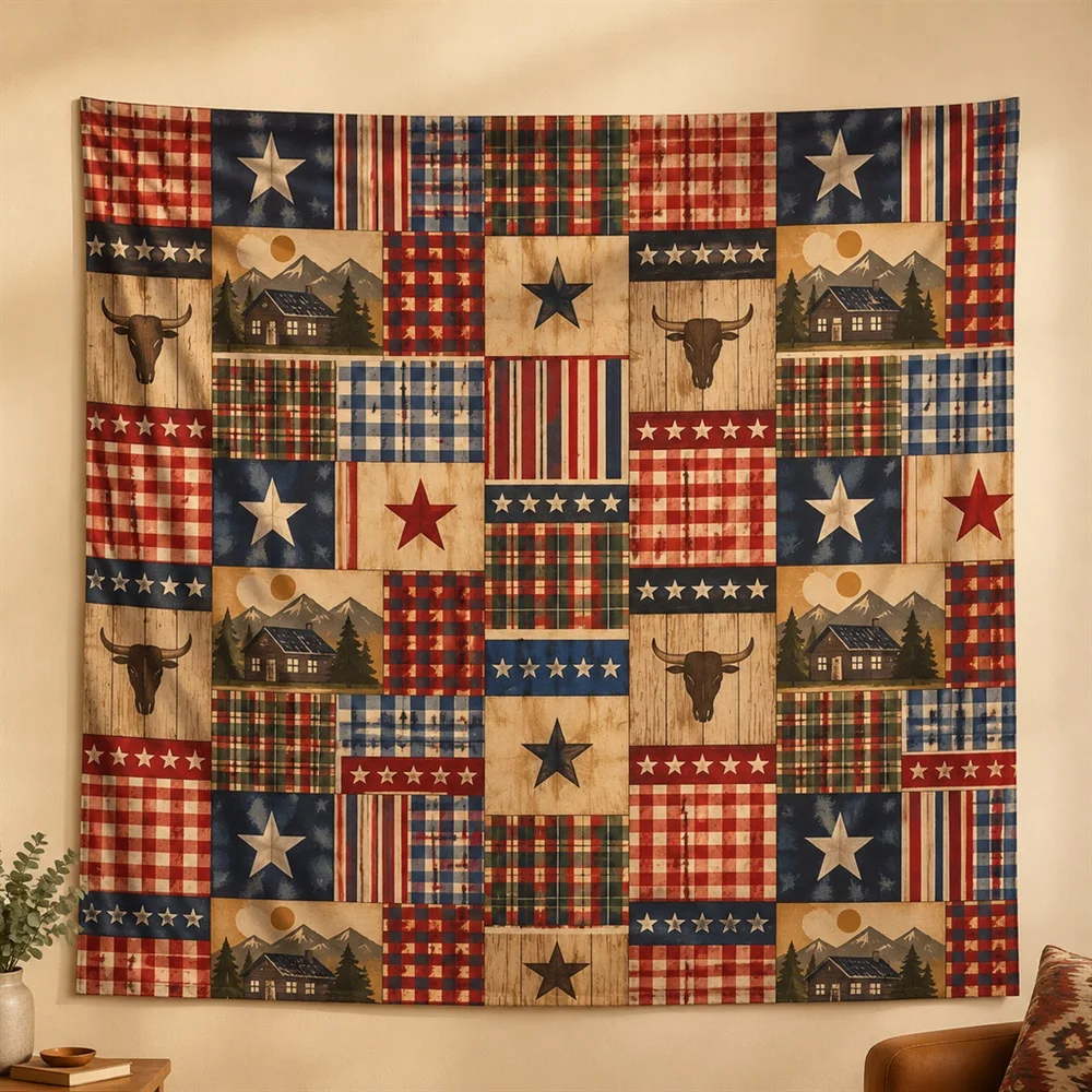 VIKAMA Plaid Check Pattern Allover Pattern Tapestry Wall Hanging, American Wall Decor Tapestries for Bedroom Living Room Study