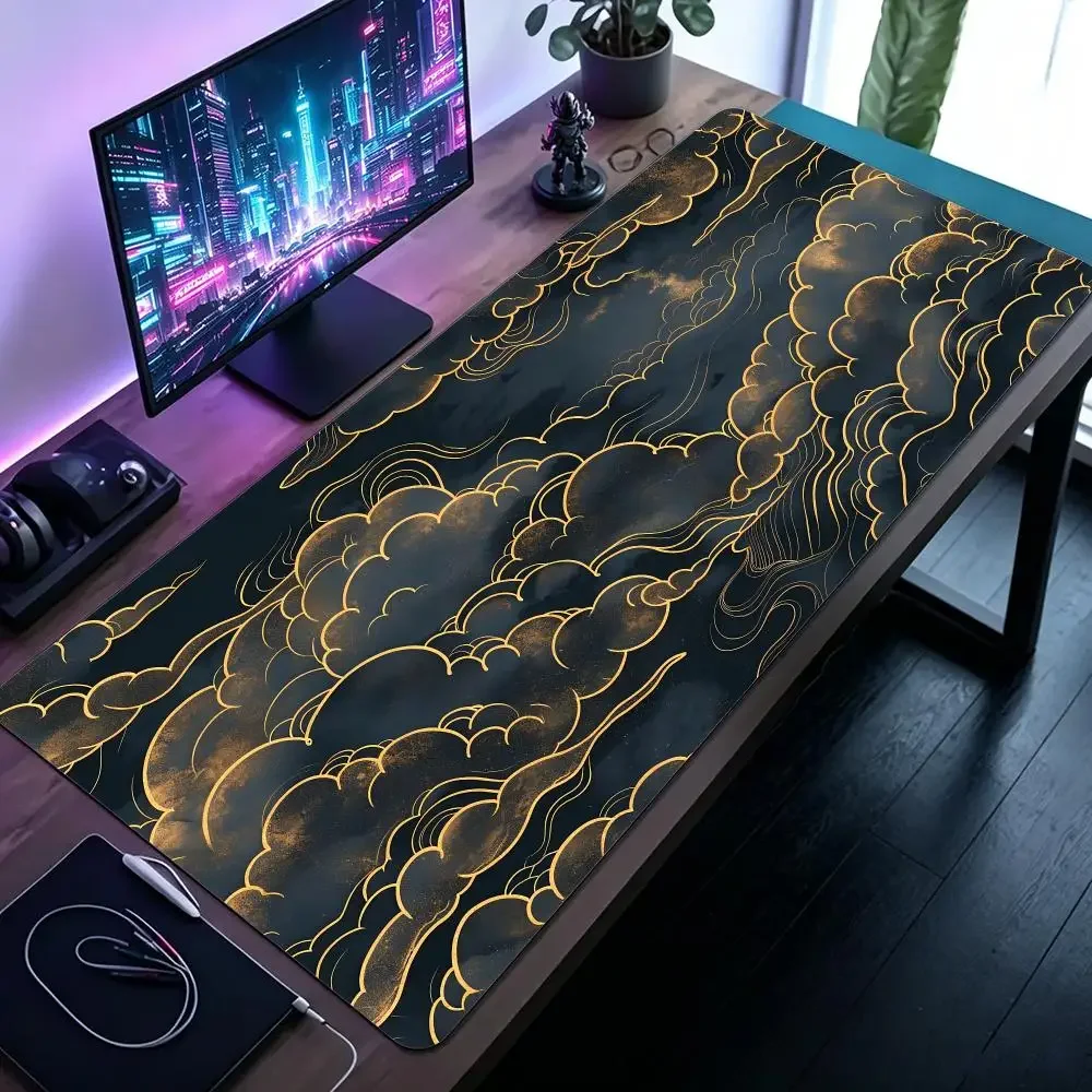 Delete Chinese Gold Line Cloud Mouse Pads Large Computer Office Game Table Mat Rubber Anti-slip Stitched Keyboard Mat 90x40 Desk