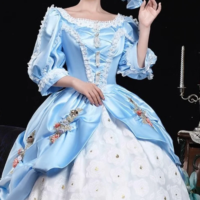 فستان المحكمة الأوروبية الزرقاء الراقية الرجعية صور المنصة أداء الدراما زي Vestidos Luxo Para Festa رداء Cérémonie فام