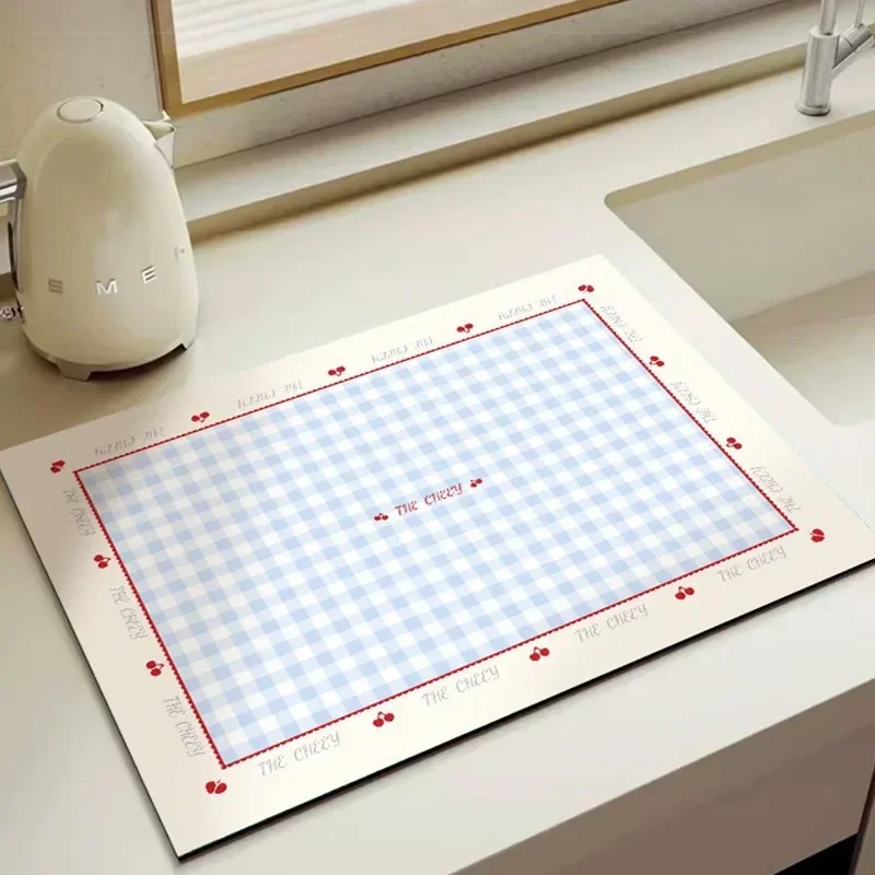 Blue Gingham Cherry Printed Kitchen Sink Mat Non Slip Absorbent Dish Drying Pad Red Heart Border Cute Kawaii Design Easy Clean