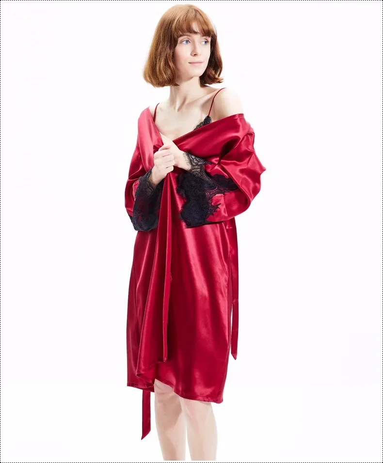 Women 2PCS 100% Mulberry Silk Kimono Robe Gown Sets Nightdress and Bathrobe Pure Silk Lace Nightgown and Robe Sets Nightwear