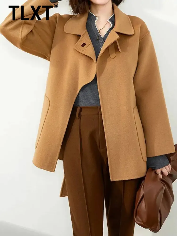 

TLXT Элегантные женские шерстяные пальто с нерегулярными лацканами и присборенной талией, офисные женские теплые куртки, модная одежда, новинка зимы 2023 г.