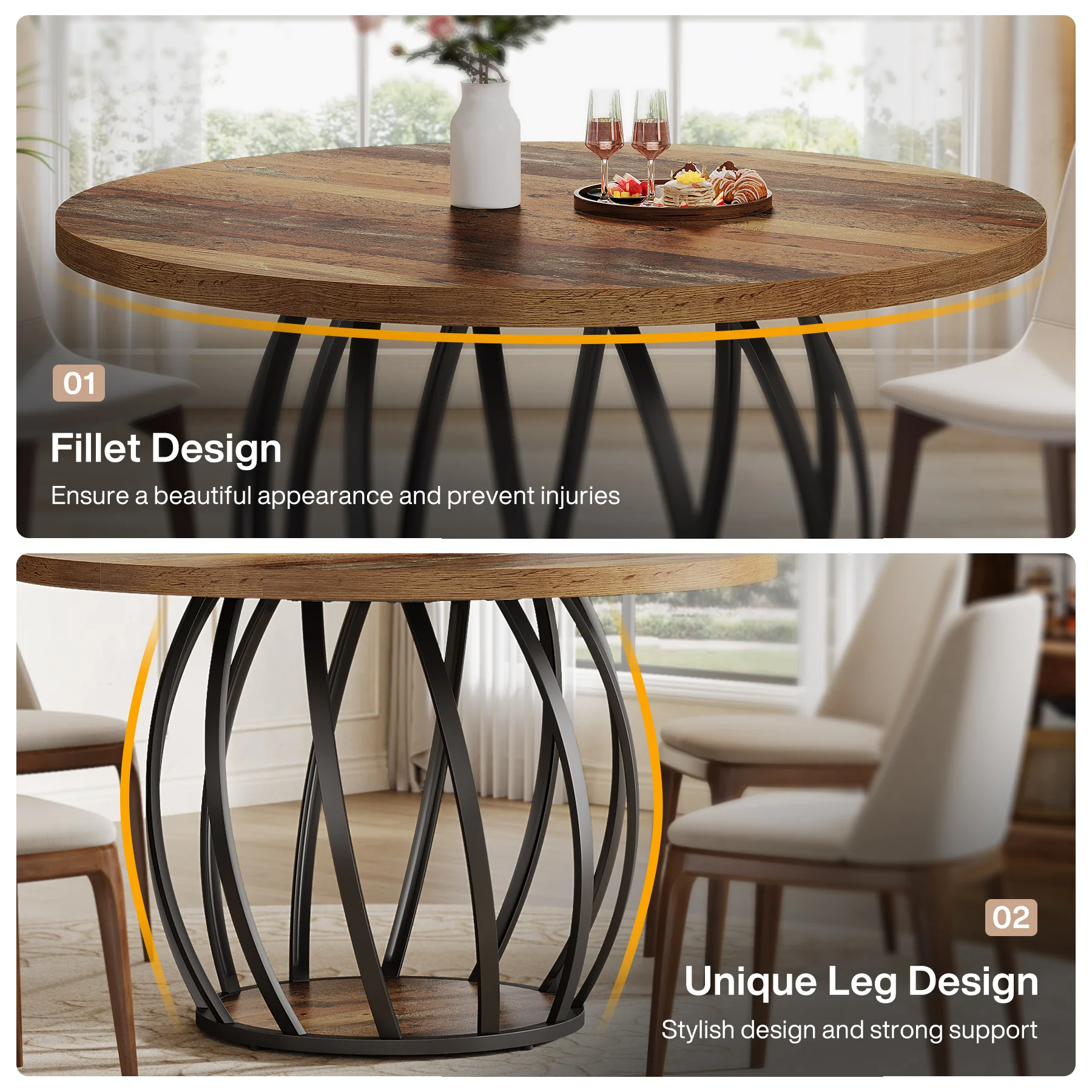 طاولة طعام مستديرة من Tribesigns، مقاس 46 بوصة (118 سم) طاولة مطبخ خشبية مع قاعدة معدنية قوية تتسع لـ 4-6 أشخاص، بني ريفي