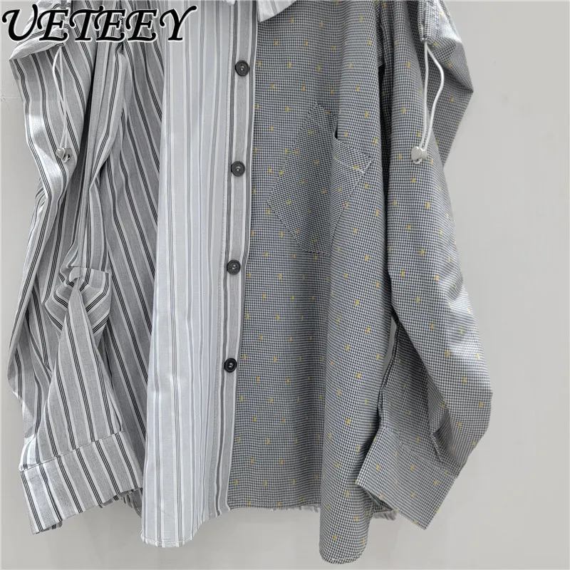 フェイクツーピースデザインオフショルダーレーススプライシングトップ水玉縦ストライプカジュアルシャツ長袖レディースブラウス